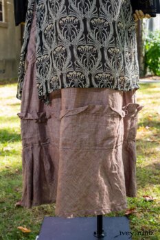 Chevallier Cardigan in Unity Soft Ribbed Knit; River Frock in Unity Art Nouveau Silk Chiffon; Hudson Frock in Peace Washed Linen. Location: Entrance to front porch of Val-Kill Cottage. Eleanor Roosevelt National Historic Site. Hyde Park, New York.
