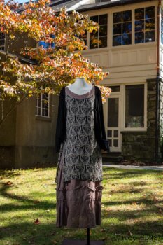 Chevallier Cardigan in Unity Soft Ribbed Knit; River Frock in Unity Art Nouveau Silk Chiffon; Hudson Frock in Peace Washed Linen. Location: Entrance to front porch of Val-Kill Cottage. Eleanor Roosevelt National Historic Site. Hyde Park, New York.