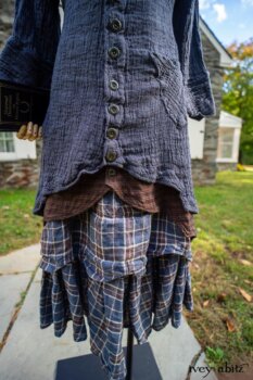 Heraldry Duster Coat in Liberty Crinkled Washed Weave; Heraldry Vest in Dignity Soft Check Twill; Heraldry Frock in Liberty Plaid Linen; Fairholme Necktie in Liberty Washed Crinkled Weave. Location: West profile of Stone Cottage at the Eleanor Roosevelt National Historic Site.