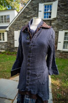 Heraldry Duster Coat in Liberty Crinkled Washed Weave; Heraldry Vest in Dignity Soft Check Twill; Heraldry Frock in Liberty Plaid Linen; Fairholme Necktie in Liberty Washed Crinkled Weave. Location: West profile of Stone Cottage at the Eleanor Roosevelt National Historic Site.
