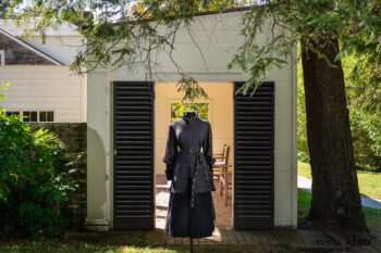 Vanetten Shirt in Unity Embroidered Stitch Silk; Vanetten Sash in Unity Floral Silk Chiffon; Vanetten Trousers in Unity Washed Cord. Location: Entrance to loggia and walled garden behind Stone Cottage. Eleanor Roosevelt National Historic Site. Hyde Park, New York.