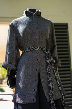 Vanetten Shirt in Unity Embroidered Stitch Silk; Vanetten Sash in Unity Floral Silk Chiffon; Vanetten Trousers in Unity Washed Cord. Location: Entrance to loggia and walled garden behind Stone Cottage. Eleanor Roosevelt National Historic Site. Hyde Park, New York.