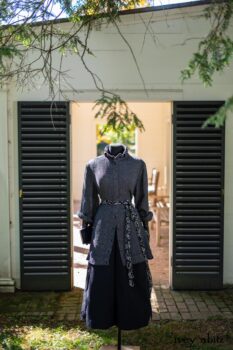 Vanetten Shirt in Unity Embroidered Stitch Silk; Vanetten Sash in Unity Floral Silk Chiffon; Vanetten Trousers in Unity Washed Cord. Location: Entrance to loggia and walled garden behind Stone Cottage. Eleanor Roosevelt National Historic Site. Hyde Park, New York.