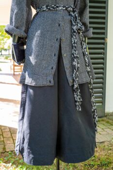 Vanetten Shirt in Unity Embroidered Stitch Silk; Vanetten Sash in Unity Floral Silk Chiffon; Vanetten Trousers in Unity Washed Cord. Location: Entrance to loggia and walled garden behind Stone Cottage. Eleanor Roosevelt National Historic Site. Hyde Park, New York.