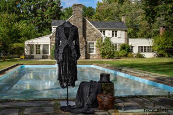 Scattergood Shirt Jacket in Unity Velvet Vine on Silk Chiffon; Scattergood Frock in Unity Floral Silk Velvet; Scattergood Duster Coat in Unity Washed Linen (draped next to top hat). Location: Pool where Winston Churchill swam when vistiting Val-Kill. Eleanor Roosevelt National Historic Site.