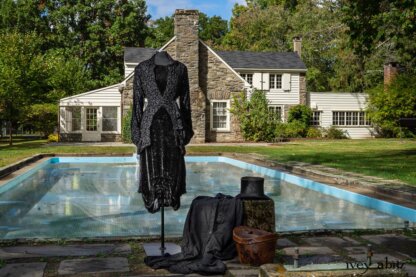 Scattergood Shirt Jacket in Unity Velvet Vine on Silk Chiffon; Scattergood Frock in Unity Floral Silk Velvet; Scattergood Duster Coat in Unity Washed Linen (draped next to top hat). Location: Pool where Winston Churchill swam when visiting Val-Kill. Eleanor Roosevelt National Historic Site.