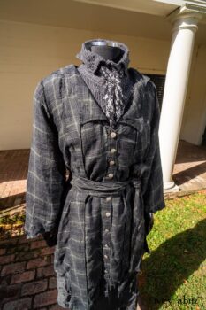 Vanetten Duster Coat in Unity Plaid Linen; Vanetten Shirt in Unity Embroidered Stitch Silk; Clotaire Sash in Unity Floral Silk Chiffon; Vanetten Frock in Unity Embroidered Loop Stripe Challis; Cilla Slip Frock in Unity Soft Ribbed Knit. Location: Loggia behind Stone Cottage at Eleanor Roosevelt National Historic Site.