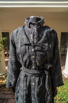 Vanetten Duster Coat in Unity Plaid Linen; Vanetten Shirt in Unity Embroidered Stitch Silk; Clotaire Sash in Unity Floral Silk Chiffon; Vanetten Frock in Unity Embroidered Loop Stripe Challis; Cilla Slip Frock in Unity Soft Ribbed Knit. Location: Loggia behind Stone Cottage at Eleanor Roosevelt National Historic Site.