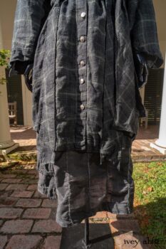 Vanetten Duster Coat in Unity Plaid Linen; Vanetten Shirt in Unity Embroidered Stitch Silk; Clotaire Sash in Unity Floral Silk Chiffon; Vanetten Frock in Unity Embroidered Loop Stripe Challis; Cilla Slip Frock in Unity Soft Ribbed Knit. Location: Loggia behind Stone Cottage at Eleanor Roosevelt National Historic Site.