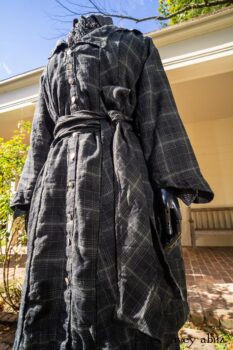 Vanetten Duster Coat in Unity Plaid Linen; Vanetten Shirt in Unity Embroidered Stitch Silk; Clotaire Sash in Unity Floral Silk Chiffon; Vanetten Frock in Unity Embroidered Loop Stripe Challis; Cilla Slip Frock in Unity Soft Ribbed Knit. Location: Loggia behind Stone Cottage at Eleanor Roosevelt National Historic Site.