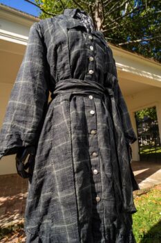 Vanetten Duster Coat in Unity Plaid Linen; Vanetten Shirt in Unity Embroidered Stitch Silk; Clotaire Sash in Unity Floral Silk Chiffon; Vanetten Frock in Unity Embroidered Loop Stripe Challis; Cilla Slip Frock in Unity Soft Ribbed Knit. Location: Loggia behind Stone Cottage at Eleanor Roosevelt National Historic Site.
