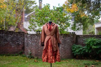 Grasmere Shirt in Independence Washed Crinkled Weave; Blanchefleur Sash in Independence Washed Silk Chiffon; Inglenook Frock in Independence Floral Linen. Location: Behind walled garden and Stone Cottage at the Eleanor Roosevelt National Historic Site.