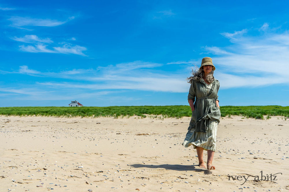 Chevallier Shirt in Seagrass Petite Check Linen; Vanetten Frock in Seagrass Washed Stripe Linen. Ivey Abitz Bespoke Clothing.