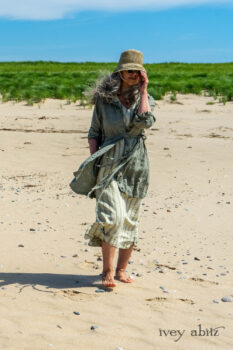 Chevallier Shirt in Seagrass Petite Check Linen; Vanetten Frock in Seagrass Washed Stripe Linen. Ivey Abitz Bespoke Clothing.