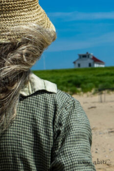 Chevallier Shirt in Seagrass Petite Check Linen; Vanetten Frock in Seagrass Washed Stripe Linen. Ivey Abitz Bespoke Clothing.