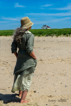 Chevallier Shirt in Seagrass Petite Check Linen; Vanetten Frock in Seagrass Washed Stripe Linen. Ivey Abitz Bespoke Clothing.