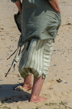Chevallier Shirt in Seagrass Petite Check Linen; Vanetten Frock in Seagrass Washed Stripe Linen. Ivey Abitz Bespoke Clothing.