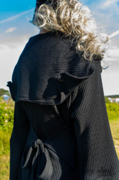Henrietta Duster Coat in Beacon Black Washed Ribbed Knit; Cape Frock in Cape Rose Washed Linen. Ivey Abitz Bespoke Clothing.