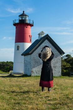 Henrietta Duster Coat in Beacon Black Washed Ribbed Knit; Cape Frock in Cape Rose Washed Linen. Ivey Abitz Bespoke Clothing.