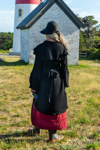 Henrietta Duster Coat in Beacon Black Washed Ribbed Knit; Cape Frock in Cape Rose Washed Linen. Ivey Abitz Bespoke Clothing.