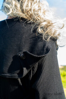Henrietta Duster Coat in Beacon Black Washed Ribbed Knit; Cape Frock in Cape Rose Washed Linen. Ivey Abitz Bespoke Clothing.