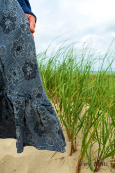 Eugenia Jacket in Seascape Melange Knit; Tilbrook Frock in Seascape Floral Linen; Porte Cochere Sash in Seascape Floral Linen. Ivey Abitz Bespoke Clothing.