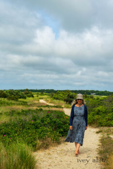 Eugenia Jacket in Seascape Melange Knit; Tilbrook Frock in Seascape Floral Linen; Porte Cochere Sash in Seascape Floral Linen. Ivey Abitz Bespoke Clothing.