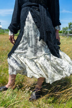 Fairholme Jacket in Beacon Black Lace Netted Knit; Fairholme Frock in Ethereal Cream and Black Floral Voile; Cilla Slip Frock in Sailcloth Soft Ribbed Knit. Ivey Abitz Bespoke Clothing.