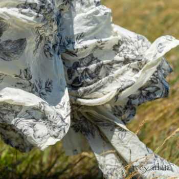 Fairholme Jacket in Beacon Black Lace Netted Knit; Fairholme Frock in Ethereal Cream and Black Floral Voile; Cilla Slip Frock in Sailcloth Soft Ribbed Knit. Ivey Abitz Bespoke Clothing.