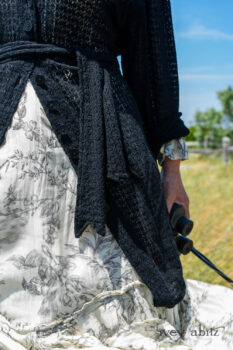 Fairholme Jacket in Beacon Black Lace Netted Knit; Fairholme Frock in Ethereal Cream and Black Floral Voile; Cilla Slip Frock in Sailcloth Soft Ribbed Knit. Ivey Abitz Bespoke Clothing.