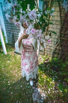 Crest Jacket in Ethereal Cream Lace Netted Knit; Crest Frock in Cape Rose Floral Voile; Blanchefleur Sash in Cape Rose Floral Voile; Heraldry Frock in Cape Rose Floral Voile. Ivey Abitz Bespoke Clothing.
