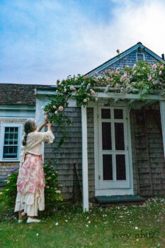 Crest Jacket in Ethereal Cream Lace Netted Knit; Crest Frock in Cape Rose Floral Voile; Blanchefleur Sash in Cape Rose Floral Voile; Heraldry Frock in Cape Rose Floral Voile. Ivey Abitz Bespoke Clothing.