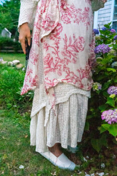 Crest Jacket in Ethereal Cream Lace Netted Knit; Crest Frock in Cape Rose Floral Voile; Blanchefleur Sash in Cape Rose Floral Voile; Heraldry Frock in Cape Rose Floral Voile. Ivey Abitz Bespoke Clothing.