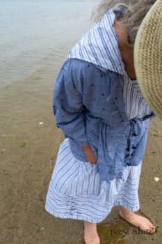Pierrepont Shirt in Estuary Hope and Sail Embroidered Cotton; Viv Frock in National Seashore Variegated Stripe; Cilla Slip Frock in Sailcloth Soft Ribbed Knit. Ivey Abitz Bespoke Clothing.
