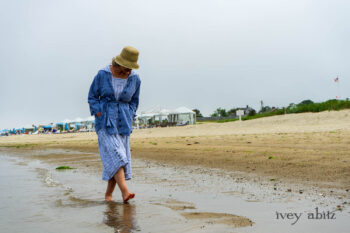 Pierrepont Shirt in Estuary Hope and Sail Embroidered Cotton; Viv Frock in National Seashore Variegated Stripe; Cilla Slip Frock in Sailcloth Soft Ribbed Knit. Ivey Abitz Bespoke Clothing.