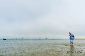 Pierrepont Shirt in Estuary Hope and Sail Embroidered Cotton; Viv Frock in National Seashore Variegated Stripe; Cilla Slip Frock in Sailcloth Soft Ribbed Knit. Ivey Abitz Bespoke Clothing.