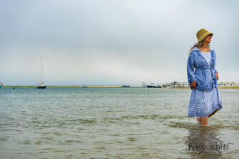 Pierrepont Shirt in Estuary Hope and Sail Embroidered Cotton; Viv Frock in National Seashore Variegated Stripe; Cilla Slip Frock in Sailcloth Soft Ribbed Knit. Ivey Abitz Bespoke Clothing.