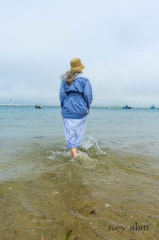 Pierrepont Shirt in Estuary Hope and Sail Embroidered Cotton; Viv Frock in National Seashore Variegated Stripe; Cilla Slip Frock in Sailcloth Soft Ribbed Knit. Ivey Abitz Bespoke Clothing.