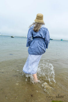 Pierrepont Shirt in Estuary Hope and Sail Embroidered Cotton; Viv Frock in National Seashore Variegated Stripe; Cilla Slip Frock in Sailcloth Soft Ribbed Knit. Ivey Abitz Bespoke Clothing.