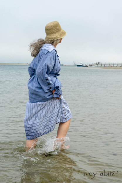 Pierrepont Shirt in Estuary Hope and Sail Embroidered Cotton; Viv Frock in National Seashore Variegated Stripe; Cilla Slip Frock in Sailcloth Soft Ribbed Knit. Ivey Abitz Bespoke Clothing.