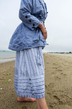 Pierrepont Shirt in Estuary Hope and Sail Embroidered Cotton; Viv Frock in National Seashore Variegated Stripe; Cilla Slip Frock in Sailcloth Soft Ribbed Knit. Ivey Abitz Bespoke Clothing.
