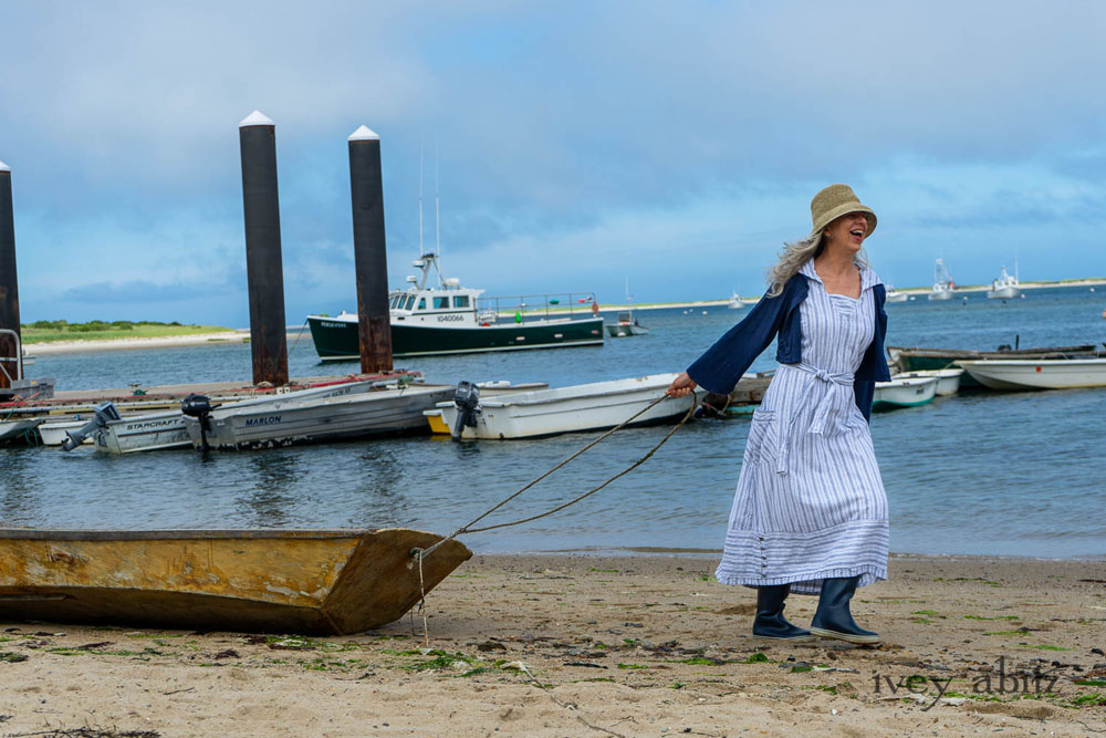 Eugenia Jacket in Seascape Melange Knit; Viv Frock in National Seashore Variegated Stripe; Cilla Slip Frock in Sailcloth Soft Ribbed Knit. Ivey Abitz Bespoke Clothing.