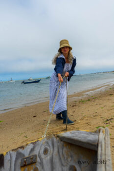 Eugenia Jacket in Seascape Melange Knit; Viv Frock in National Seashore Variegated Stripe; Cilla Slip Frock in Sailcloth Soft Ribbed Knit. Ivey Abitz Bespoke Clothing.