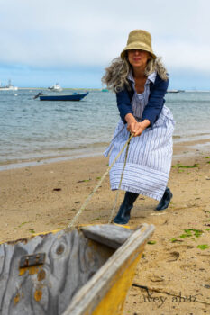 Eugenia Jacket in Seascape Melange Knit; Viv Frock in National Seashore Variegated Stripe; Cilla Slip Frock in Sailcloth Soft Ribbed Knit. Ivey Abitz Bespoke Clothing.