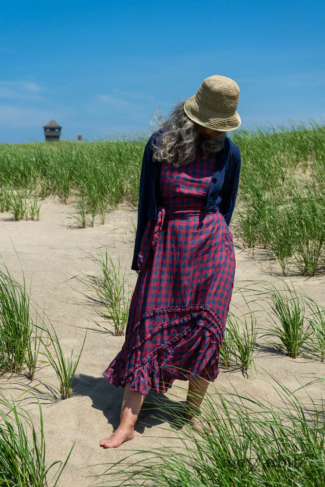 Eugenia Jacket in Seascape Melange Knit; Windrush Frock in Cape Rose and Sea Check Weave; Blanchefleur Sash in Cape Rose and Sea Check Weave. Ivey Abitz Bespoke Clothing.