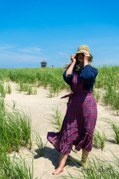 Eugenia Jacket in Seascape Melange Knit; Windrush Frock in Cape Rose and Sea Check Weave; Blanchefleur Sash in Cape Rose and Sea Check Weave. Ivey Abitz Bespoke Clothing.