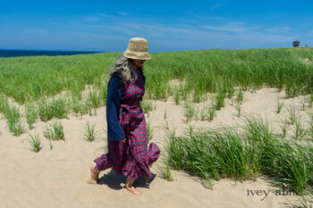Eugenia Jacket in Seascape Melange Knit; Windrush Frock in Cape Rose and Sea Check Weave; Blanchefleur Sash in Cape Rose and Sea Check Weave. Ivey Abitz Bespoke Clothing.