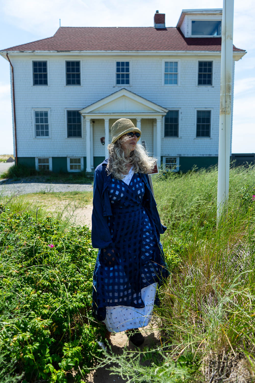 Eugenia Jacket in Seascape Melange Knit; Chomley Frock in National Seashore Open Weave Check Linen; Gabled Frock in Sailcloth Hope and Sail Embroidered Cotton. Ivey Abitz Bespoke Clothing.