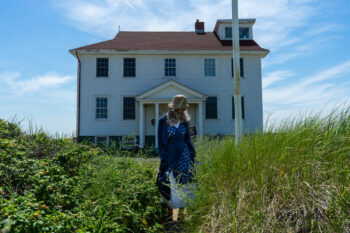 Eugenia Jacket in Seascape Melange Knit; Chomley Frock in National Seashore Open Weave Check Linen; Gabled Frock in Sailcloth Hope and Sail Embroidered Cotton. Ivey Abitz Bespoke Clothing.