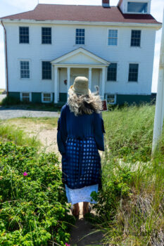 Eugenia Jacket in Seascape Melange Knit; Chomley Frock in National Seashore Open Weave Check Linen; Gabled Frock in Sailcloth Hope and Sail Embroidered Cotton. Ivey Abitz Bespoke Clothing.